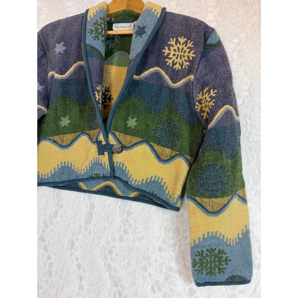 VTG Flashback Art to Wear Tapestry Jacket Purple Blue Snowflake Winter Stars Med - Picture 5 of 13